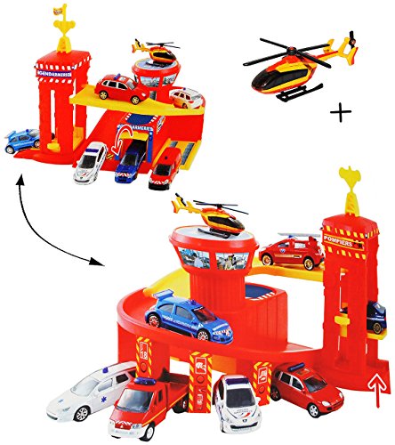 alles-meine.de GmbH Spielset: Feuerwehrstation mit Hebebühne/Lift - Rampe + Werkstatt + 5 Garagen + Flugzeug - 1/64 - passend auch für 3-D Spielmatte Straße - Feuerwehr Fahrzeu.. von alles-meine.de GmbH