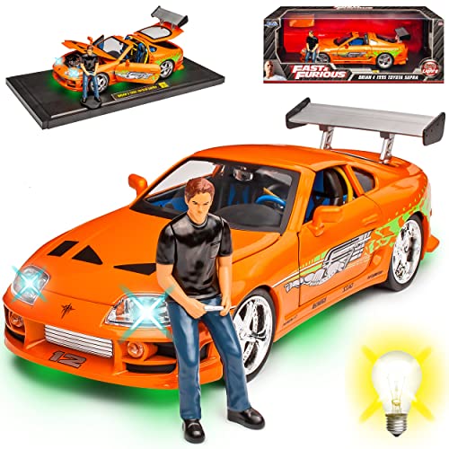 alles-meine.de GmbH T*o*y*o*t*a Supra Orange mit Beleuchtung Fast Furious mit Figur Brian O´Connor Paul Walker 1/18 Jada Modell Auto mit individiuellem Wunschkennzeichen von alles-meine.de GmbH