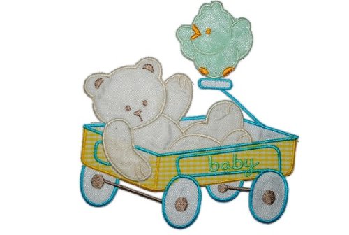 alles-meine.de GmbH XL - Teddy im Bollerwagen 12,5 cm * 12,5 cm Bügelbild Aufnäher Applikation blau von alles-meine.de GmbH
