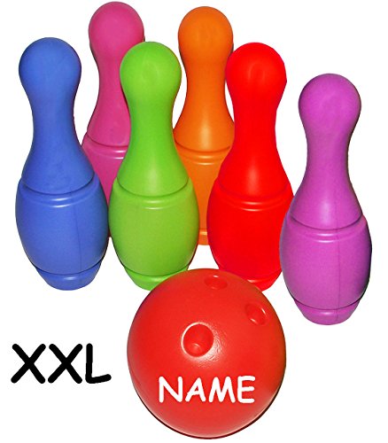 alles-meine.de GmbH XXL - 7 TLG. Set - großes Kegelspiel/Bowlingspiel - 34 cm - XL Kegel - incl. Name - aus Kunststoff/Plastik - für Außen + Innen - Bunte Farben Kegeln - mit.. von alles-meine.de GmbH