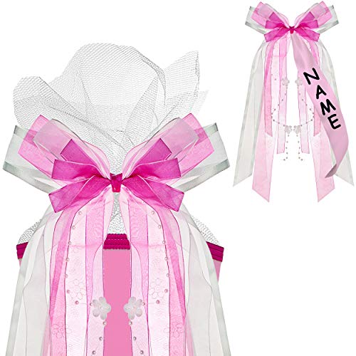 alles-meine.de GmbH große 3-D Schleife für Schultüten - rosa/pink & blau - inkl. Name - 24 cm breit u. 47 cm lang - mit edlen Satin Bändern, Tüll & Perlenband - für Geschenke u.. von alles-meine.de GmbH