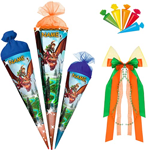alles-meine.de GmbH mit Glitzer Folie ! Schultüte - Drache/Drachenjagd 70-85 cm Größe wählbar mit Holzspitze inkl. Name + Bänder Schleife + 5 kleine Zuckertüten - Z.. von alles-meine.de GmbH