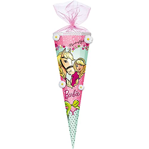 mit 3-D Blumen Applikation ! - Schultüte - kompatibel mit Barbie - Pferdeglück - 70 cm - rund - Organza Abschluß - Zuckertüte - mit/ohne Kunststoff Spit.. von alles-meine.de GmbH