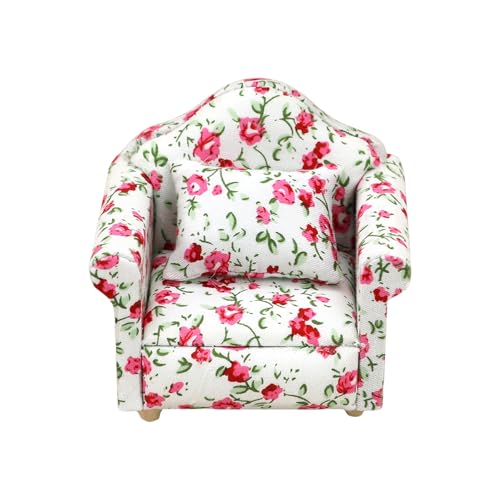 1/12 Miniatur-Sofa Modell Möbel mit Blumenmuster und stabilem Holzsockel Weicher Stoff Sessel Puppenhaus Zubehör Puppensofa von alloneslife