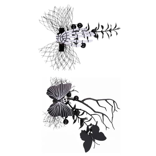 Unisex-Halloween-Haar-Accessoire mit Knochenhand, schwarzer Schmetterling und Design für Party, Kostüm, Kleidung, Haarschmuck von alloneslife