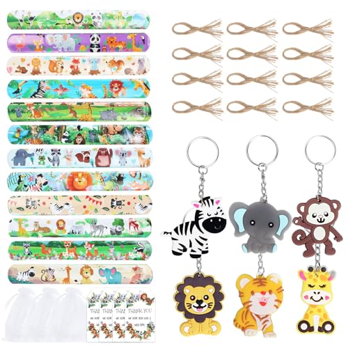 alloneslife Dschungeltier-Schlüsselanhänger, Armband mit Taschen und Karte, Party-Leckerli für Geburtstagsdekorationen und Geschenktütenfüller, 24 Stück von alloneslife
