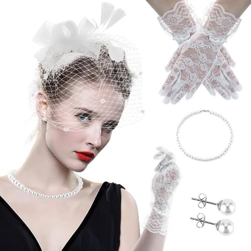 alloneslife Flapper-Kostüm für Damen, Fascinator, Kopfbedeckung, Handschuhe, Kostüm-Set für Pferderennen, Hochzeit, Party, Teaparty, Rollenspiel-Zubehör alloneslife Flapper-Kostüm für Damen, Fascinator, Kopfbedeckung, Handschuhe, Kostüm-Set für Pferderennen, Hochzeit, Party, Teaparty, Rollenspiel-Zubehör von alloneslife
