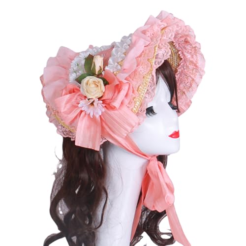 alloneslife Viktorianischer Strohhut mit gerüschten Spitzenkrempen und Rosenblüte für Damen, modisches Anime-Kostüm, Motorhaubenhut für besondere Anlässe alloneslife Viktorianischer Strohhut mit gerüschten Spitzenkrempen und Rosenblüte für Damen, modisches Anime-Kostüm, Motorhaubenhut für besondere Anlässe von alloneslife