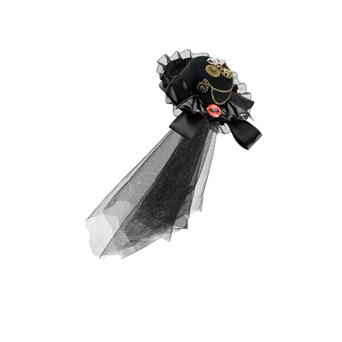 amangul Kleiner Zylinder im Punk-Stil, mit Metallzahnradkette und Spitzenbesatz, Unisex, Vintage-Kostüm, Kopfschmuck für Halloween, Party, Cosp(schwarz) von amangul