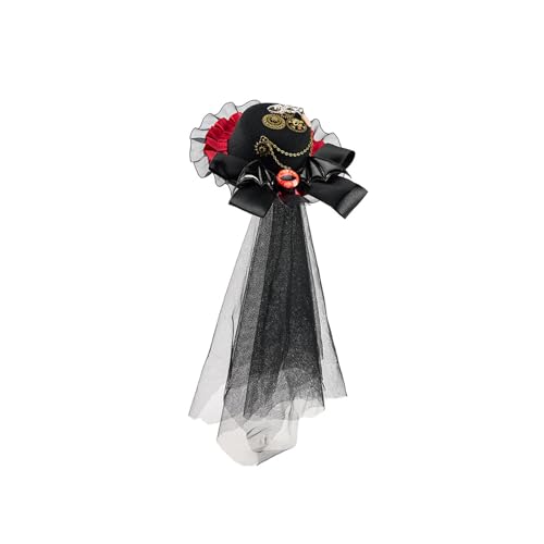 amangul Kleiner Zylinderhut im Punk-Stil, mit Metall-Zahnradkette und Spitzenbesatz, Unisex, Vintage-Kostüm, Kopfschmuck für Halloween, Party, Cosp(schwarze, rote Spitze) von amangul