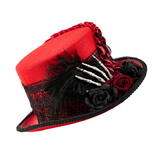 amangul Punk-Hut mit Spitzen-Design und Skeleon-Handdekorationen für Punk, Cosplay, Kostümpartys, Verkleidungszubehör (rot) von amangul
