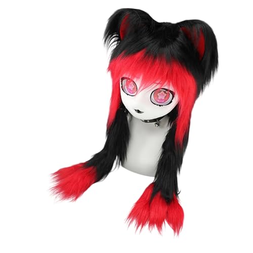 amangul Realistischer Tierkopf für Halloween-Rollenspiel-Kostüm mit weichem Kunstfell und belüftetem Design für Anime-Events (Schwarz/Rot) von amangul