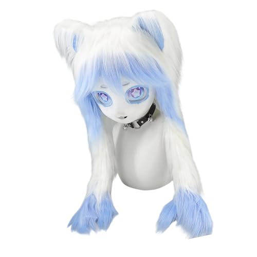 amangul Realistischer Tierkopf für Halloween-Rollenspiel-Kostüm mit weichen Kunstpelzen und belüftetem Design für Anime-Events (weiß-blau) von amangul