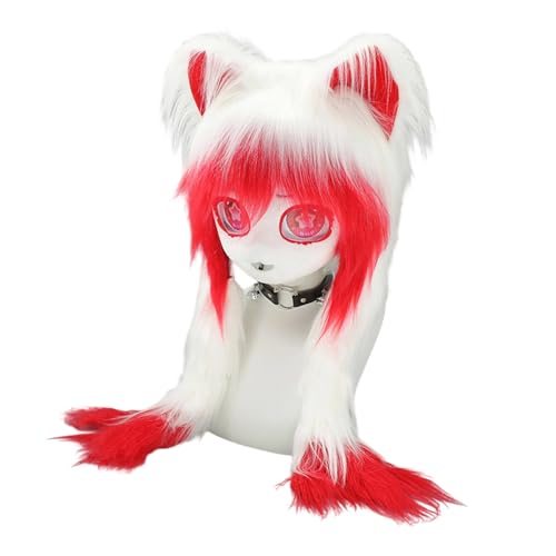 amangul Realistischer Tierkopf für Halloween-Rollenspiel-Kostüm mit weichen Kunstpelzen und belüftetem Design für Anime-Events (weiß-rot) von amangul