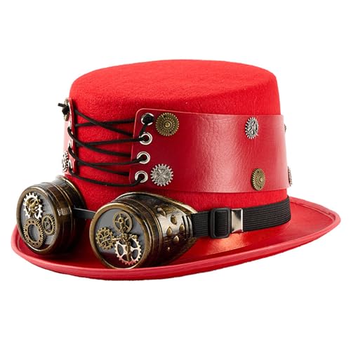 amangul Viktorianischer Punk-Hut mit verstellbarem PU-Lederriemen und abnehmbarer Brille für Kostümpartys, Halloween, Rot amangul Viktorianischer Punk-Hut mit verstellbarem PU-Lederriemen und abnehmbarer Brille für Kostümpartys, Halloween, Rot von amangul