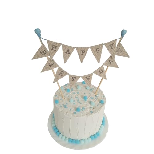 Amazing Buntings, Happy Birthday Cake Topper, Handmade Linen Flags Bunting, Preassembled with Blue Beads Amazing Buntings, Happy Birthday Cake Topper, Handmade Linen Flags Bunting, Preassembled with Blue Beads von amazing buntings