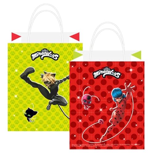 8 Papier-Partytüten * MIRACULOUS LADYBUG * für Mitgebsel zur Mottoparty und Kindergeburtstag | Größe: 130 x 310cm, aus Papier, mit Tragegriff | Superheldin Party Geburtstag Kinder von amscan