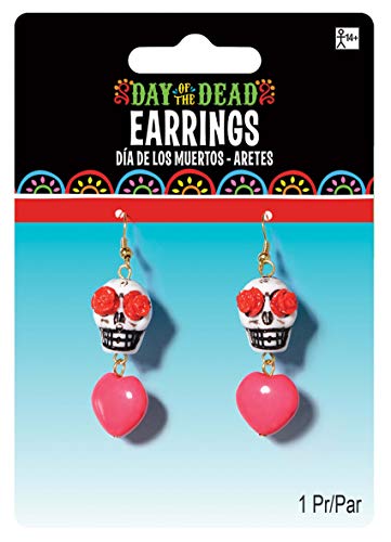 Amscan 843930-55 - Ohrringe Totenkopf, 2 Stück, Länge ca. 6 cm, mehrfarbig, Modeschmuck für Halloween und Karneval oder den Tag des Todes, Dia de los Muertos, Ohrhänger, Accessoire zu Kostümen von amscan