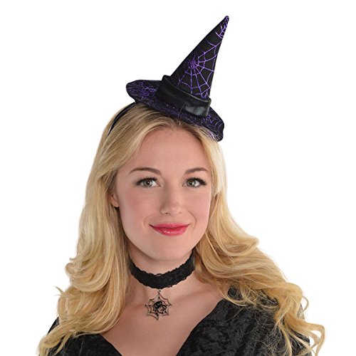 Amscan 846166-55 - Haarreif mit Hexen-Hut, Einheitsgröße für Erwachsene, Lila-Schwarz, Minihut mit Satinband und Spinnennetz, Accessoire für Karneval und Halloween, Verkleidung, Kostüm von amscan