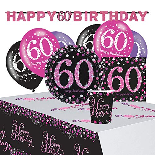 Amscan 9050 0412 - Partyset Pinke Glückwünsche 60, 8 Teller, 20 Servietten, 8 Becher, Tischdecke, Girlande, Konfetti, 6 Latexballons von amscan