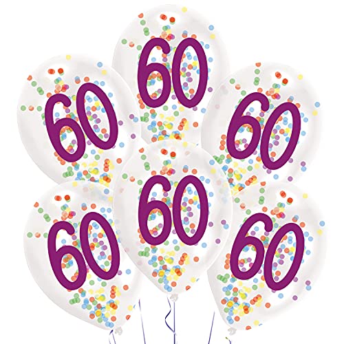 Amscan 9909842 - Latexballons Konfetti, Zahl 60, 6 Stück, circa 27,5 cm, mit Füllung, Zahlenballons, Geburtstag, Dekoration, Geschenk, Volljährigkeit von amscan