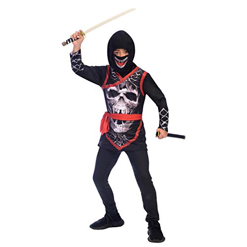 Amscan - Kinderkostüm Ninja, Oberteil, Kapuze mit Gesichtsmaske, Gürtel, Hose, Kämpfer, Mottoparty, Karneval, Halloween, Schwarz, 12-14 Jahre von amscan