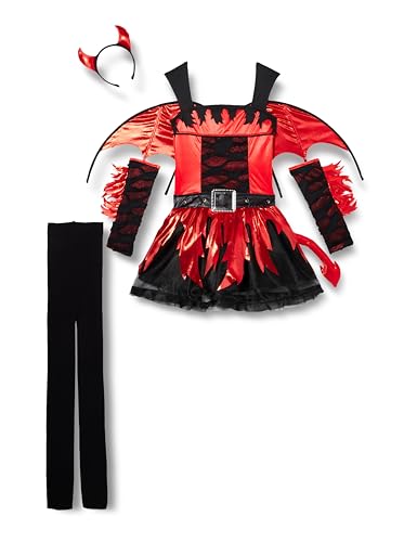 Amscan - Kinderkostüm Teufelin, Kleid mit Schwanz, Flügel, Armstulpen, Haarreif, Leggings, Teufel, Devil Girl, Mädchen, Halloween, Karneval, Mottoparty von amscan