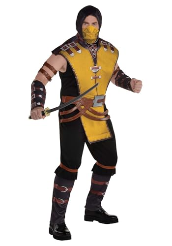 Mortal Kombat Skorpion Kostüm für Herren – Mortal Kombat Kostüm enthält Overall, Gesichtsmaske, Armbänder, Stulpen – Kostüme für Halloween, Geburtstagsfeiern & Themenveranstaltungen von amscan