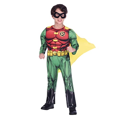 Amscan - Kinderkostüm Robin, Overall mit ausgepolsterter Brust, abnehmbarem Umhang, Augenmaske, Superheld, Motto-Party, Karneval, 146 von amscan