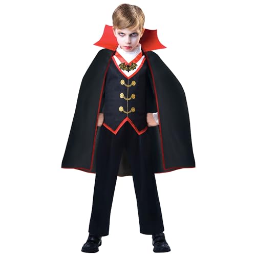 Amscan 9904768 - Kinderkostüm Dracula, Langarmshirt, Umhang, Vampir, Blutsauger, Fledermaus, Mottoparty, Karneval, Halloween, Schwarz von amscan