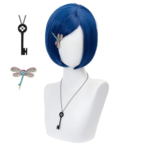 Coraline Cosplay Perücke für Frauen, Dunkelblauer Bob-Haarschnitt, Kurz und Glatt, aus Synthetischen Fasern, inklusive Schlüsselanhänger und Libellen-Haarspange für Halloween-Kostüm und Cosplay-Party von animacoser