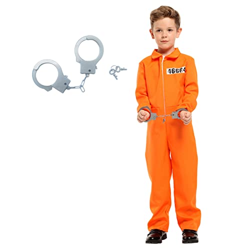Häftling Kostüm für Kinder, Oranger Gefängnisoverall mit Plastikhandschellen, Knastvogel Insasse Gefängniskostüm Uniform, Halloween Kostüm für Karneval Fasching, Jungen Mädchen (10-12 Jahre alt) von animacoser