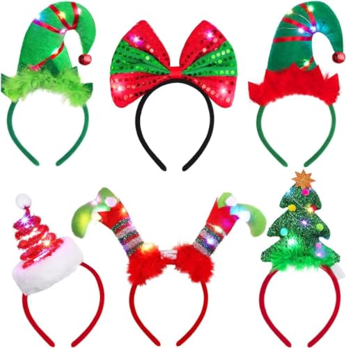 6 Stück Weihnachts-Stirnbänder LED Stirnbänder Urlaub Licht Up Kostüm Favor Stirnband Rentier Elf Haarbänder von anso