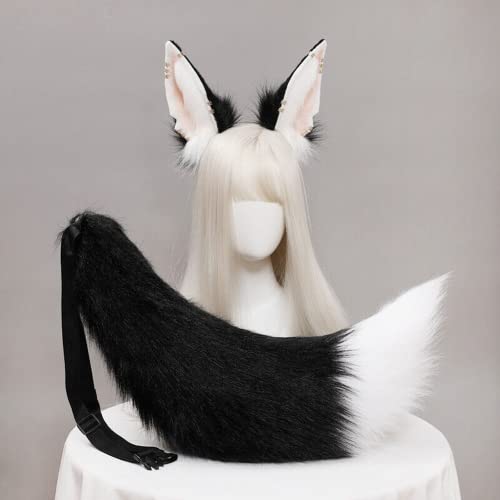 Kunstfell Fuchs Wolf Ohren Stirnband Pelzschwanz Haarband Cosplay Kostüm Anubis Verkleidung (rosa Ohr 2+Schwanz) von ansu