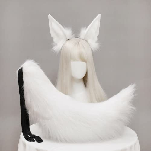 Kunstfell Fuchs Wolf Ohren Stirnband Pelzschwanz Haarband Cosplay Kostüm Anubis Verkleidung (weißes Ohr 1+Schwanz) von ansu