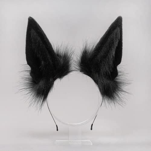 Kunstpelz Fuchs Wolf Ohren Stirnband Pelziger Schwanz Haarband Cosplay Kostüm Anubis Verkleidung (Schwarzes Ohr 1) von ansu