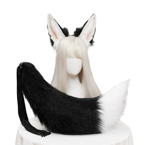 Kunstpelz Fuchs Wolf Ohren Stirnband Pelzschwanz Haarband Cosplay Kostüm Anubis Verkleidung (Rosa Ohr 1+Schwanz) von ansu