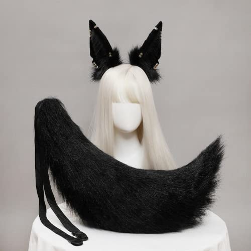 Kunstpelz Fuchs Wolf Ohren Stirnband Pelzschwanz Haarband Cosplay Kostüm Anubis Verkleidung (Schwarzes Ohr 2+Schwanz) von ansu