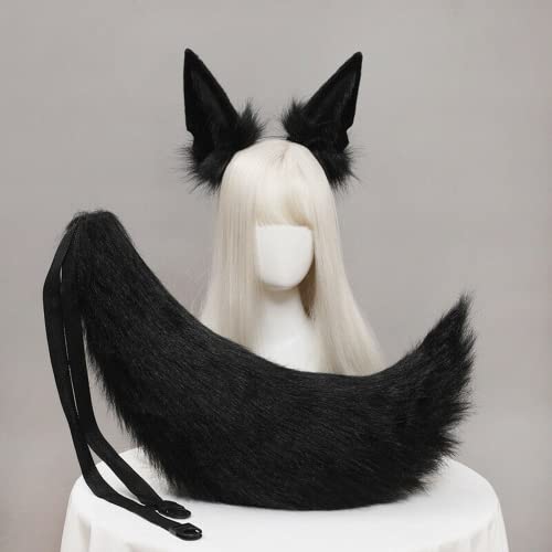 Kunstpelz Fuchs Wolf Ohren Stirnband Pelzschwanz Haarband Cosplay Kostüm Anubis Verkleidung (schwarzes Ohr 1+Schwanz) von ansu