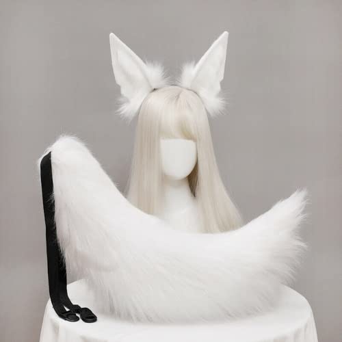 Kunstpelz Fuchs Wolf Ohren Stirnband Pelzschwanz Haarband Cosplay Kostüm Anubis Verkleidung (weißes Ohr 1 + Schwanz) von ansu