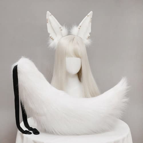 Kunstpelz Fuchs Wolf Ohren Stirnband Pelzschwanz Haarband Cosplay Kostüm Anubis Verkleidung (weißes Ohr 2+Schwanz) von ansu