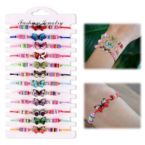 Kindergeburtstag Gastgeschenke 12 Stück Freundschaftsarmbänder Kinder, Gastgeschenk Kindergeburtstag Armbänder Kinder mit Schmetterling Anhänger, Einstellbare Geflochten Armbänder für Jungen Mädchen von anyts
