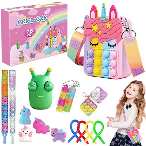 Einhorn Geschenke für Mädchen, 16 Stück Fidget Toys für Kinder, Einhorn Tasche Spielzeug ab 3 4 5 6 7 Jahre, Anti Stress Squishy Spielzeug, Stressabbau Squeeze Toy, Geschenk Mädchen 2 - 10 Jahre von ariel-gxr