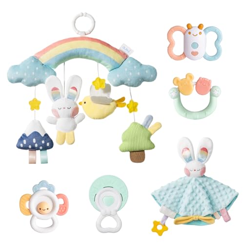 auby Kuschelhase Neugeborenen Geschenkset - 6-teiliges Baby Beruhigungsset mit Beißringen, Plüschdecke & Hängespielzeug für Bett/Kinderwagen (Sensorische Entwicklung, maschinenwaschbar) von auby