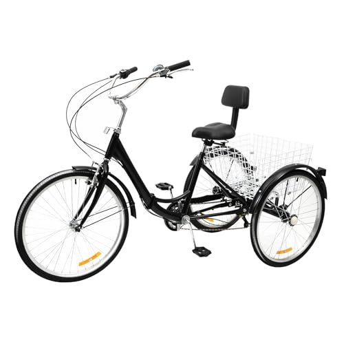 awolsrgiop Dreirad für Erwachsene 24 Zoll, 3 Rad Fahrrad mit Rückenlehne, Einkaufskorb, Schutzblech und Griff Schwarz Schaltung Dreirad, für Herren, Damen,Senioren von awolsrgiop