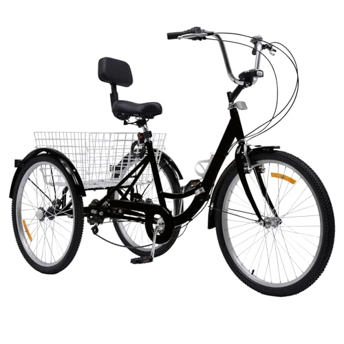 awolsrgiop Dreirad für Erwachsene 24 Zoll Klappbar, 7 Gänge 3 Rad Adult Fahrrad & LED Licht Gemüsekorb, Rückenlehne, für ältere Menschen, Männer und Frauen, Schwarz von awolsrgiop
