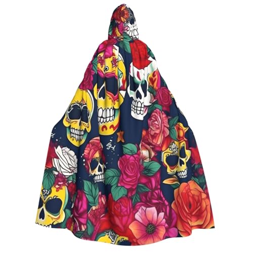 Umhang mit Kapuze für Erwachsene, Motiv: Zucker und Totenköpfe und Blumen, Halloween, Weihnachten, Karneval, Partys, Mittelalter von axzttupy
