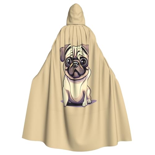 axzttupy Lustiger Cartoon-Mops-Welpen-Aufdruck, Unisex, Halloween-Kapuzenumhang, volle Länge, für mittelalterliche Renaissance-Cosplay-Kostüme von axzttupy