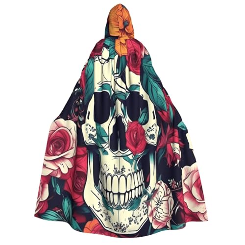 axzttupy Umhang mit Kapuze für Erwachsene, Motiv: Blumen, Totenkopf, Ornament, Halloween, Weihnachten, Karneval, Partys, Mittelalter-Kostüm von axzttupy