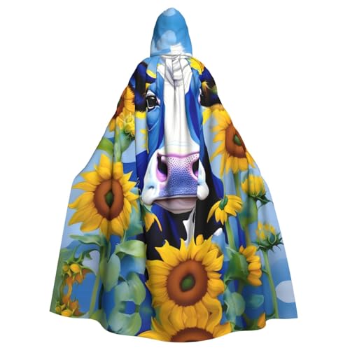 axzttupy Umhang mit Kuh mit Sonnenblumen in blauem Druck, Unisex, Halloween, Kapuzenumhang, volle Länge, für mittelalterliche Renaissance-Cosplay-Kostüme von axzttupy
